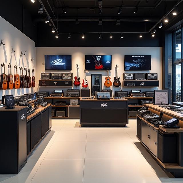 Modern interior of the Echo Lens store showing guitars and audio equipment.